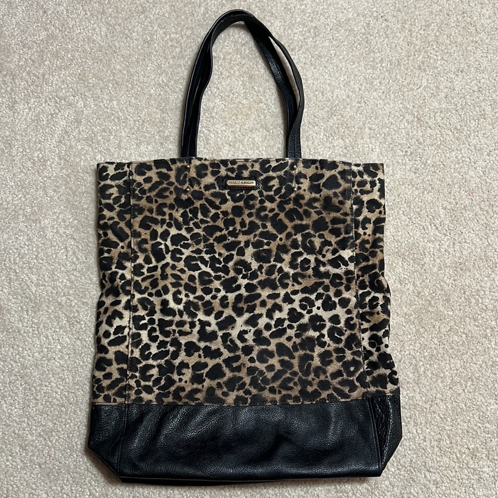 Rebecca Minkoff Leopard Canvas and Black Leather Shopper Tote Bag